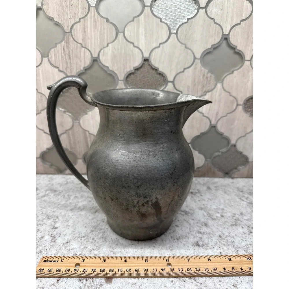 Antique Pewter Pitcher 3444 Hallmarked Primitive Farmhouse Decor 8 Inch Silver